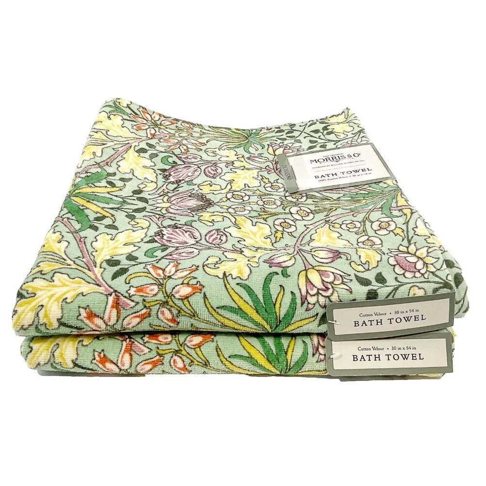 William Morris Set Of 2 Bath Towels Hyacinth Green Yellow Floral Cotton Velour